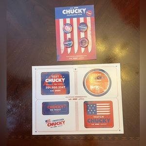 Chucky Campaign Pins & Stickers from New York Comic Con 2023 for TV Show Chucky